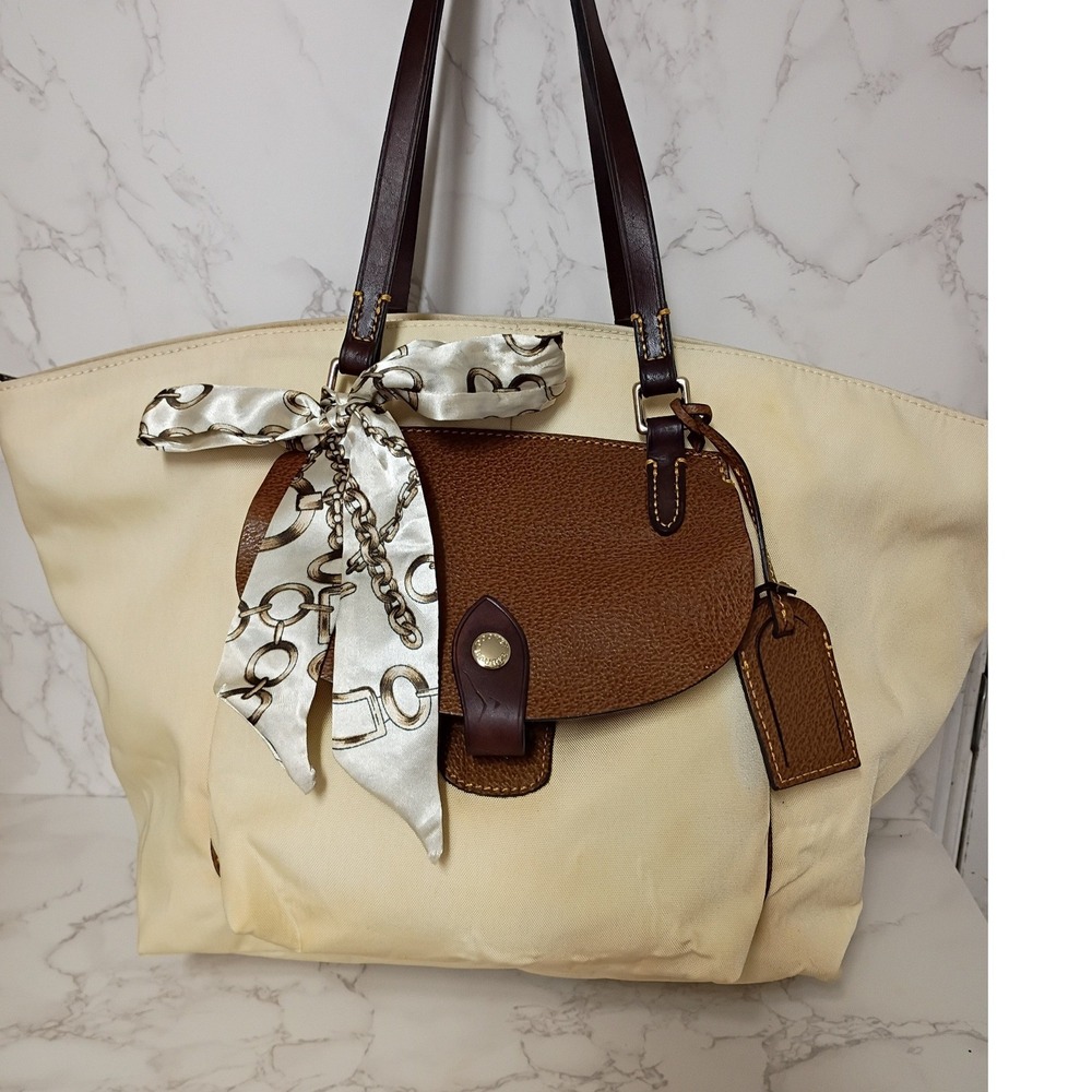 DOONEY & BOURKE Cream Nylon & Leather Pocket Shopper Tote Bag w/ Bag Scarf